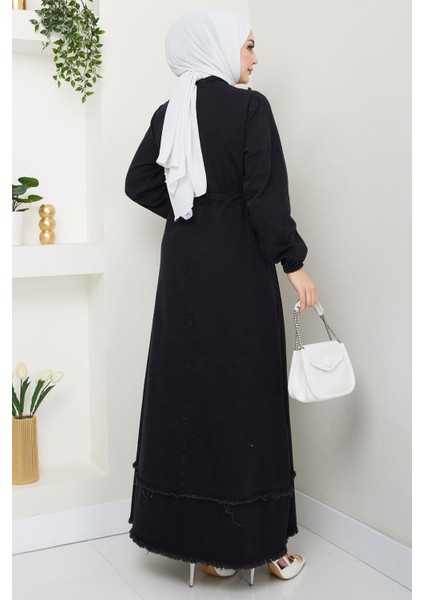 Eteği Püsküllü Düğmeli Bağlamalı Kot Elbise Siyah HM2673 indirimleri