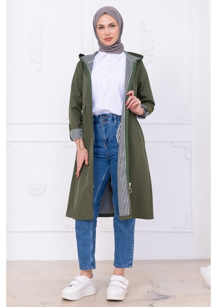 Çizgi Detaylı Trençkot Haki HM2283 fırsatları