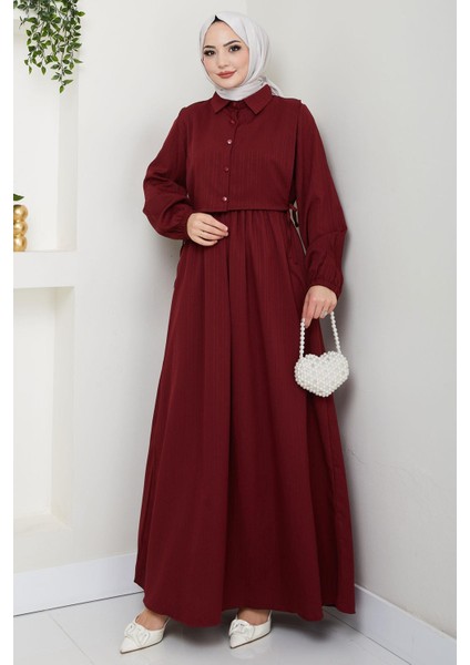 Bolerolu Beli Lastikli Elbise Bordo HM2702