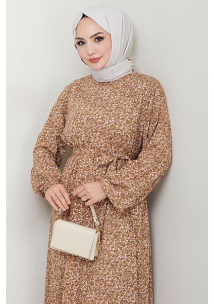 Çıtır Çiçek Desenli Yazlık Viskon Elbise Vizon HM2717 modelleri