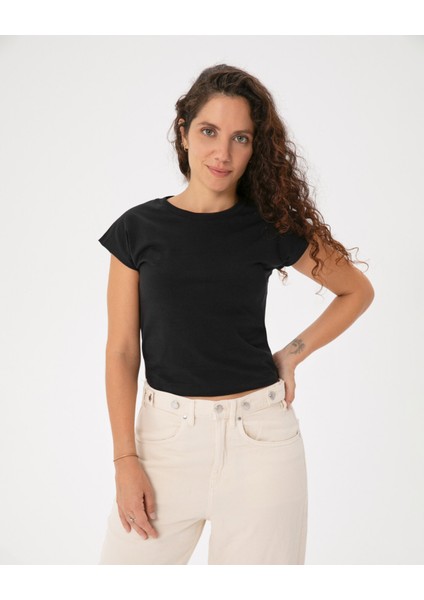 Siyah Basic Half Crop T-Shirt