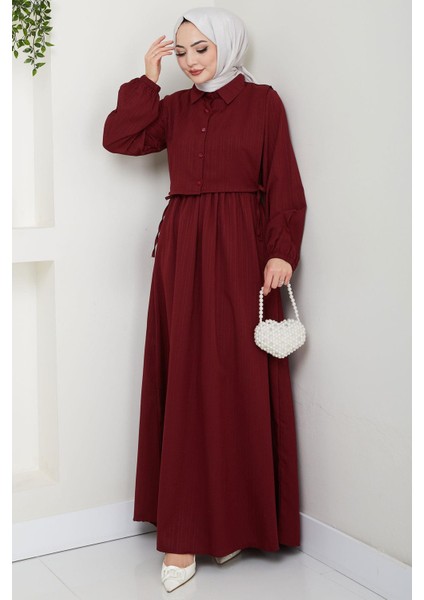 Bolerolu Beli Lastikli Elbise Bordo HM2702 modelleri