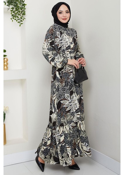 Nare Yaprak Desenli Viskon Elbise Siyah HM2682