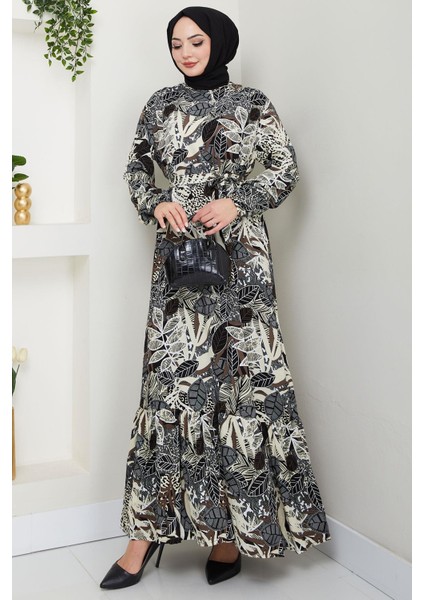Nare Yaprak Desenli Viskon Elbise Siyah HM2682 fiyatları