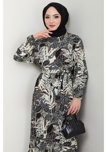 Nare Yaprak Desenli Viskon Elbise Siyah HM2682 modelleri