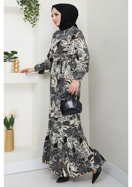 Nare Yaprak Desenli Viskon Elbise Siyah HM2682 fırsatları