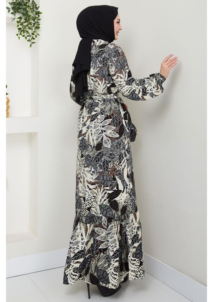 Nare Yaprak Desenli Viskon Elbise Siyah HM2682 indirimleri