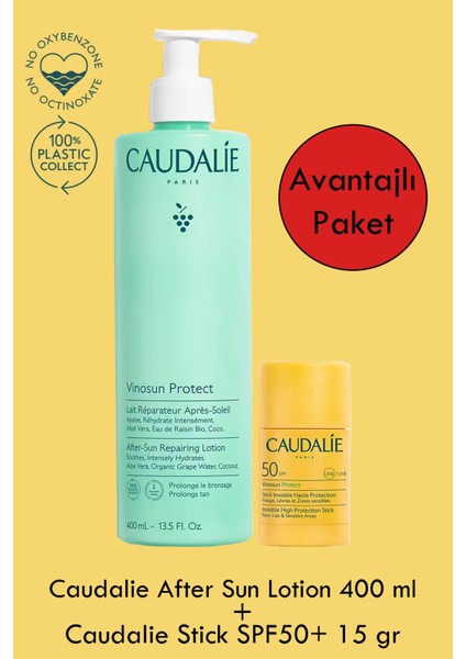 Invisible High Protection Stick SPF50+ 15 gr + Caudalie After Sun Repairing Lotion 400 ml