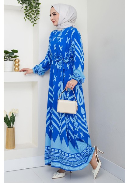 Ferah Desenli Yazlık Viskon Elbise Mavi HM2679 modelleri