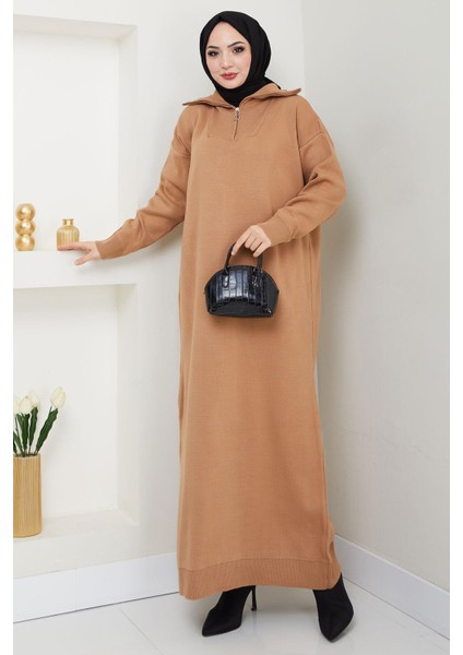 Fermuarlı Boğazlı Triko Elbise Camel HM2531
