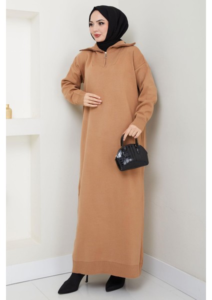 Fermuarlı Boğazlı Triko Elbise Camel HM2531