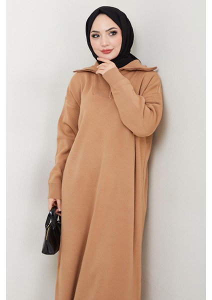 Fermuarlı Boğazlı Triko Elbise Camel HM2531