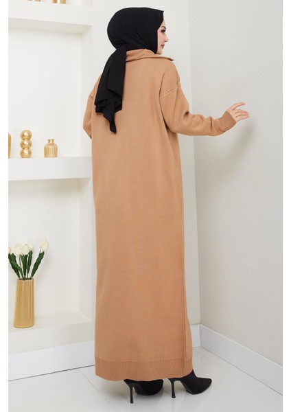 Fermuarlı Boğazlı Triko Elbise Camel HM2531