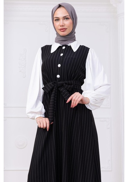Kol Garnili Çizgili Tesettür Elbise Siyah HM2740