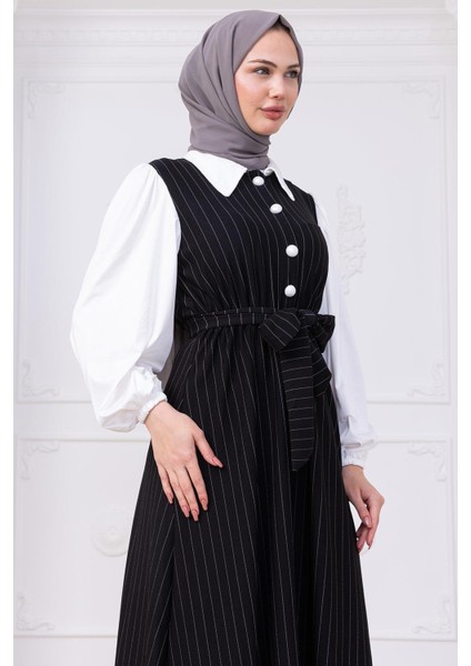Kol Garnili Çizgili Tesettür Elbise Siyah HM2740 modelleri