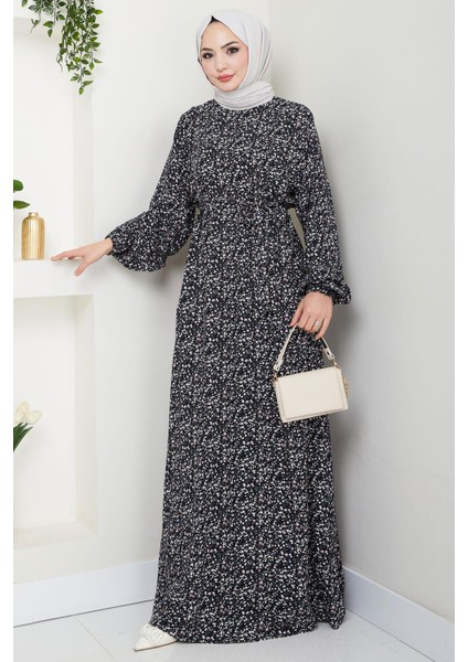 Çıtır Çiçek Desenli Yazlık Viskon Elbise Siyah HM2717