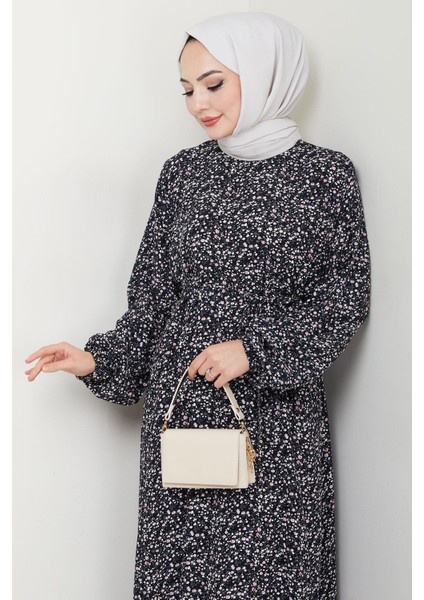 Çıtır Çiçek Desenli Yazlık Viskon Elbise Siyah HM2717 modelleri