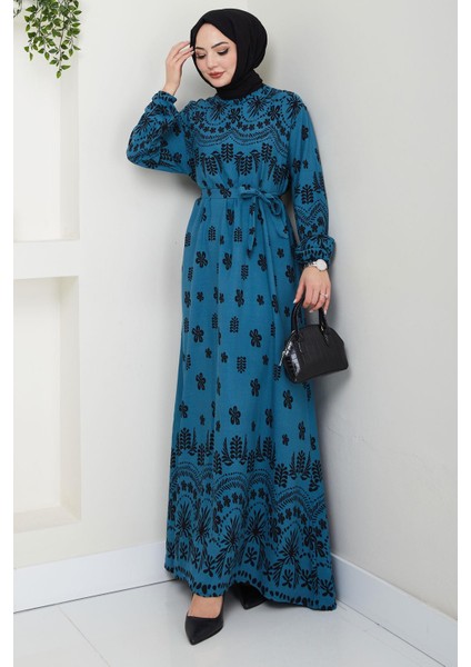 Nevra Desenli Yazlık Viskon Elbise Petrol HM2678