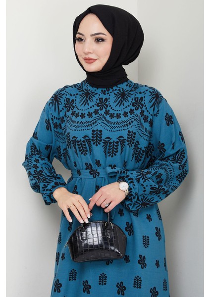 Nevra Desenli Yazlık Viskon Elbise Petrol HM2678 fiyatları