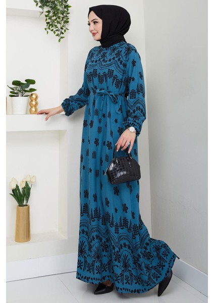 Nevra Desenli Yazlık Viskon Elbise Petrol HM2678 modelleri