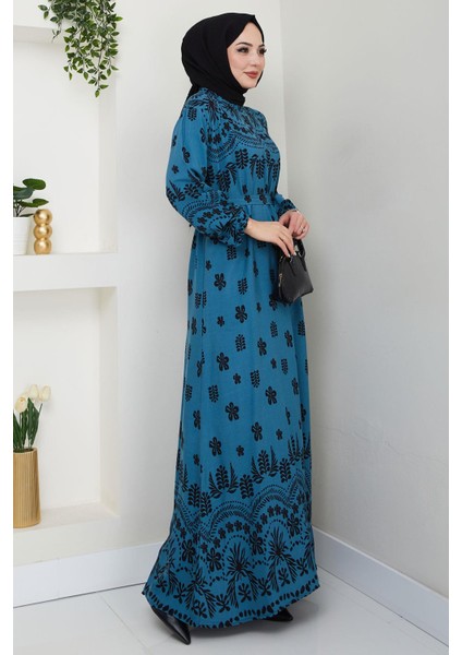 Nevra Desenli Yazlık Viskon Elbise Petrol HM2678 fırsatları