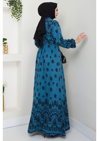 Nevra Desenli Yazlık Viskon Elbise Petrol HM2678 indirimleri