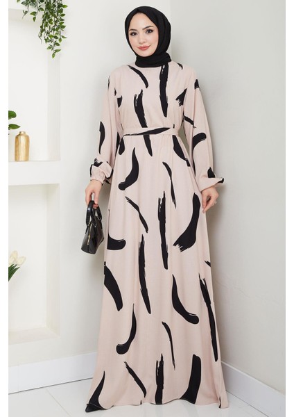 Fırça Desenli Yazlık Viskon Elbise Bej HM2730