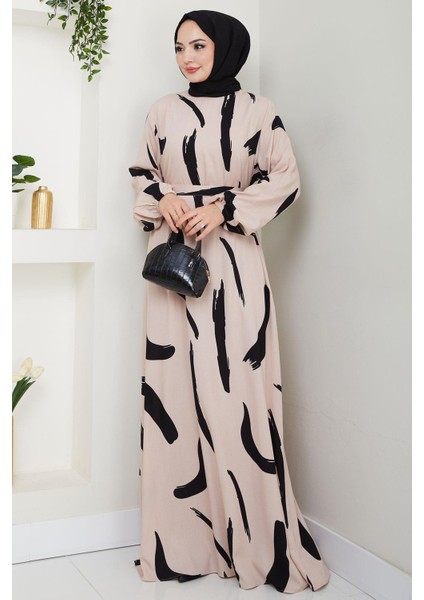 Fırça Desenli Yazlık Viskon Elbise Bej HM2730 fiyatları