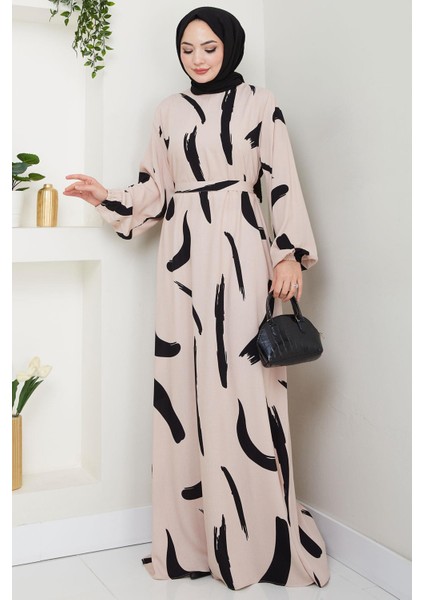 Fırça Desenli Yazlık Viskon Elbise Bej HM2730 modelleri
