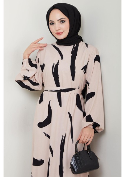 Fırça Desenli Yazlık Viskon Elbise Bej HM2730 fırsatları