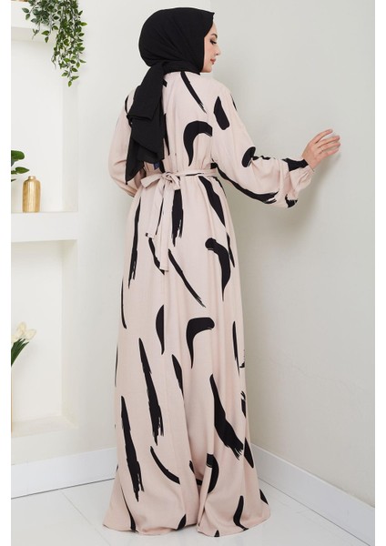 Fırça Desenli Yazlık Viskon Elbise Bej HM2730 indirimleri