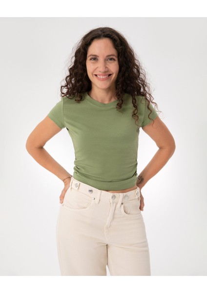 Yeşil Organik Pamuk Yandan Büzgülü Basic T-Shirt