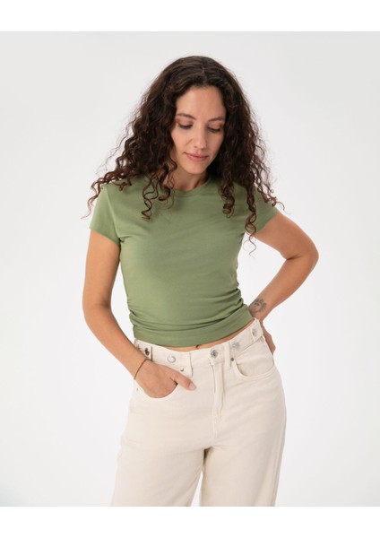 Yeşil Organik Pamuk Yandan Büzgülü Basic T-Shirt fırsatları
