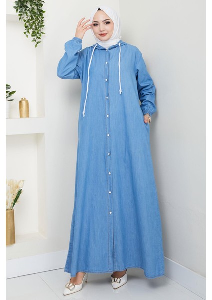 Boydan Düğmeli Kot Ferace Açık Mavi HM2715