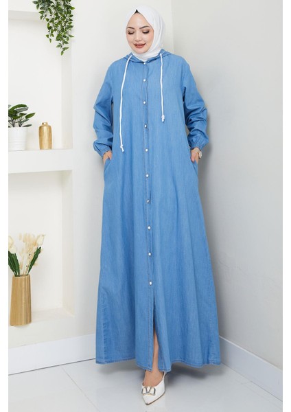 Boydan Düğmeli Kot Ferace Açık Mavi HM2715 fiyatları