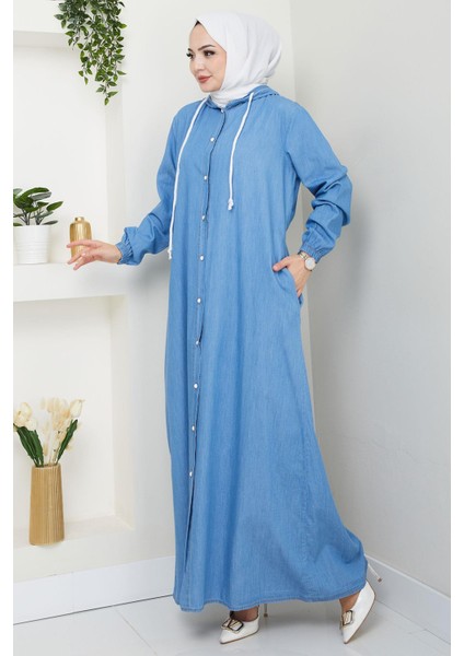 Boydan Düğmeli Kot Ferace Açık Mavi HM2715 modelleri