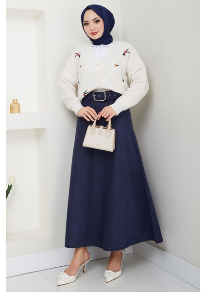 Kemerli Süet Mevlana Etek Lacivert HM2607