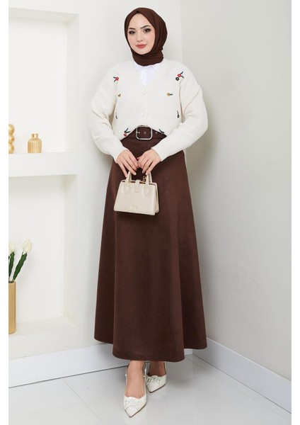 Kemerli Süet Mevlana Etek Kahverengi HM2607