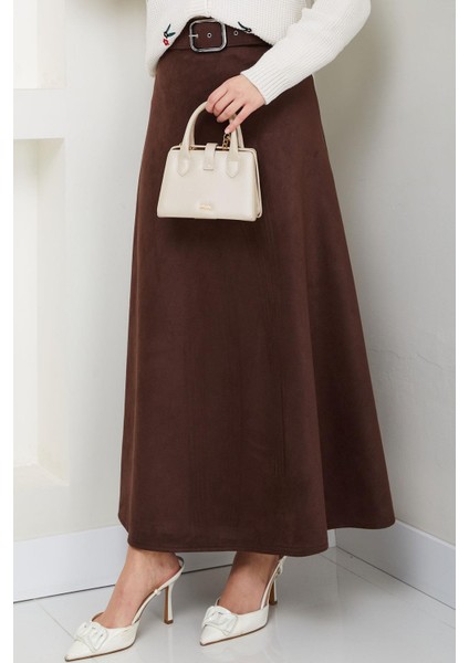 Kemerli Süet Mevlana Etek Kahverengi HM2607 fırsatları