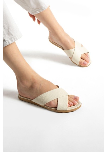 Krem Çapraz Kadın Terlik Dış Mekan ve Ev Terliği indirimleri