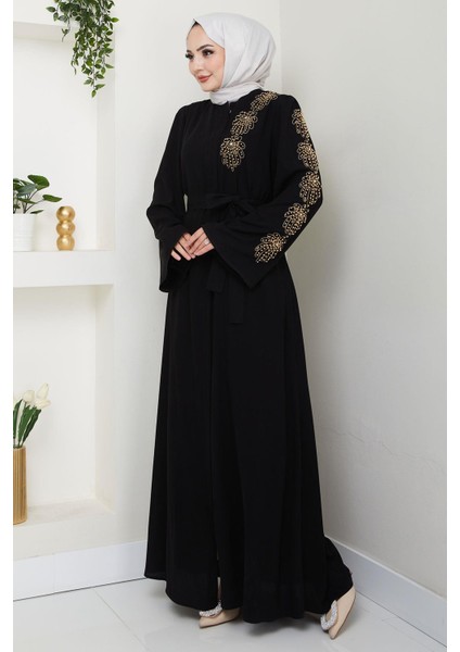 Çiçek Taşlı Kuşaklı Ferace Siyah HM2713 fiyatları