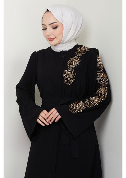 Çiçek Taşlı Kuşaklı Ferace Siyah HM2713 modelleri