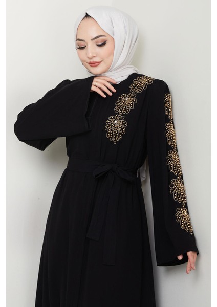 Çiçek Taşlı Kuşaklı Ferace Siyah HM2713 fırsatları