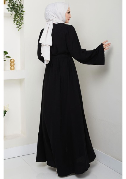 Çiçek Taşlı Kuşaklı Ferace Siyah HM2713 indirimleri