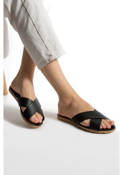 Siyah Çapraz Kadın Terlik Suni Deri Konforlu fiyatları