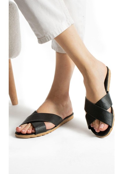 Siyah Çapraz Kadın Terlik Suni Deri Konforlu fırsatları