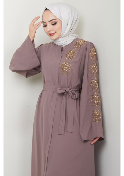 Çiçek Taşlı Kuşaklı Ferace Vizon HM2713 fiyatları