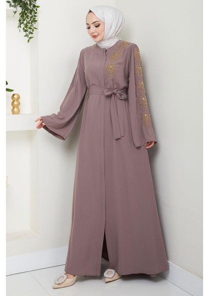 Çiçek Taşlı Kuşaklı Ferace Vizon HM2713 modelleri