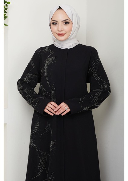 Tek Tarafı ve Kolları Taşlı Büyük Beden Ferace Siyah HM2711