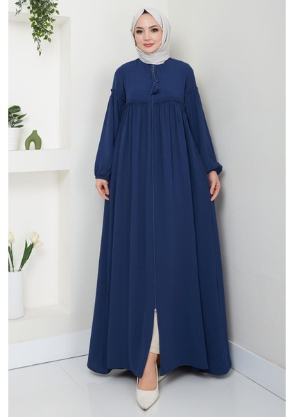 Yaka Bağcıklı Büzgülü Ferace Petrol HM2468